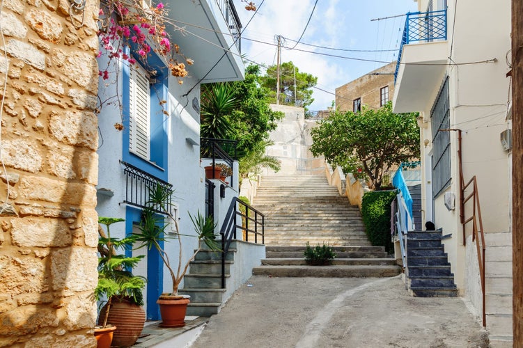 Traditional Greek street with old houses in Sitia town on Crete island