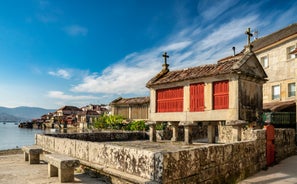 Photo of aerial view of the town of Cangas in the Bay of Vigo, Galicia, Spain.