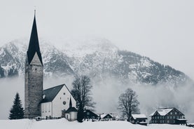 photo of village of Hirschegg in the Kleinwalsertal, Vorarlberg, Austria, with Gottesackerplateau in the background.