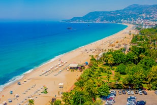 Photo of Kizil Kule or Red Tower and port aerial panoramic view in Alanya city, Antalya Province on the southern coast of Turkey.