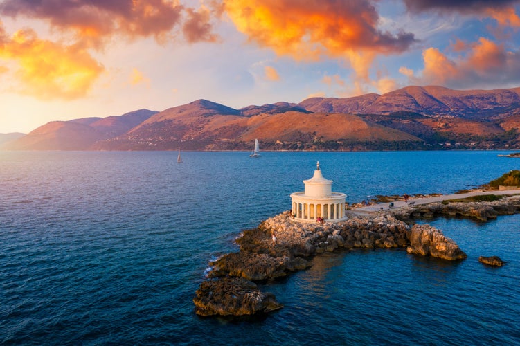 Photo of aerial view of Lighthouse of Saint Theodore in Lassi, Argostoli, Kefalonia island in Greece.