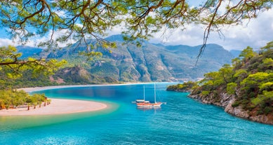 Photo of aerial view of Oludeniz Bay view in Fethiye Town, Turkey.