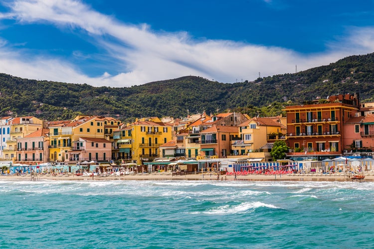 Beautiful View of Sea and Town of Alassio With Colorful Buildings During Summer Day-Alassio,Italy,Europe