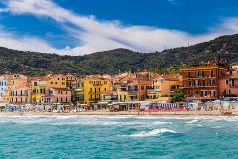 Beautiful View of Sea and Town of Alassio With Colorful Buildings During Summer Day-Alassio,Italy,Europe