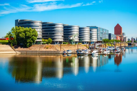 Photo of Innenhafen or inner harbor district in Duisburg city, Germany .