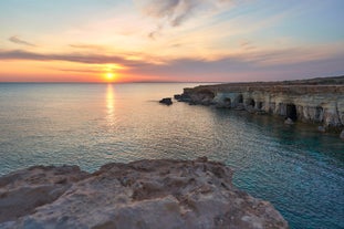 Photo of panoramic aerial view of Kalamis beach and bay in the city of Protaras, Cyprus.