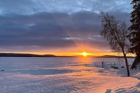 Guidade snöskoteräventyr på morgonen i den arktiska vildmarken