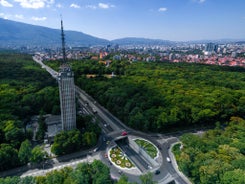 Photo of panoramic aerial view of Samokov, Bulgaria.