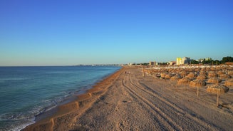 Photo of aerial view of beautiful beach in Mamaia, Romania.