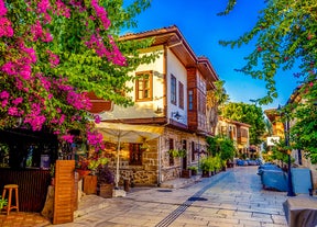 Photo of majestic panoramic aerial view of seaside resort city of Kas in Turkey.