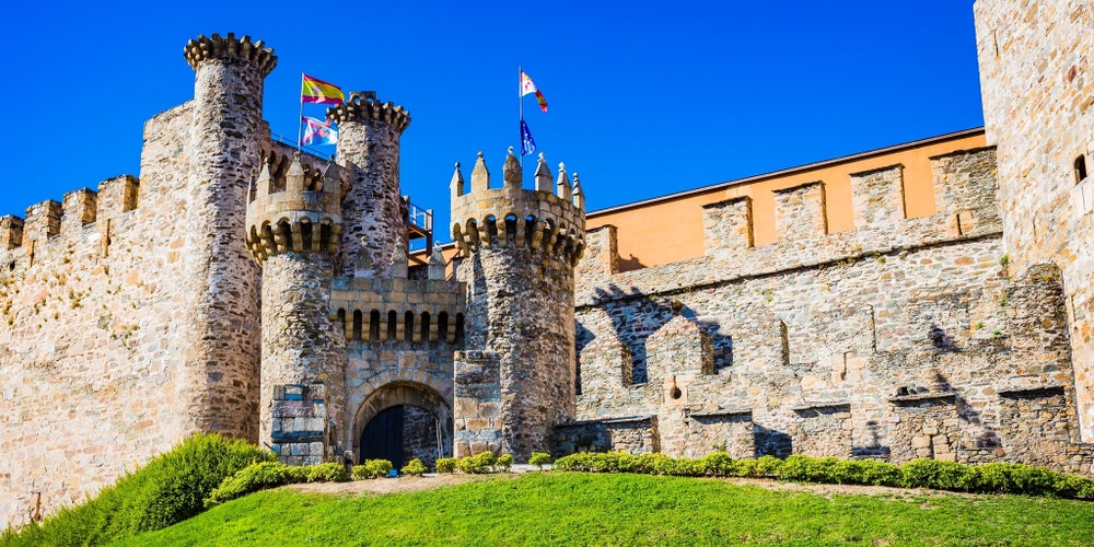 Photo of facade of the Templar Castle, built in the 12th century, Ponferrada, El Bierzo, Leon, Castile and Leon, Spain.