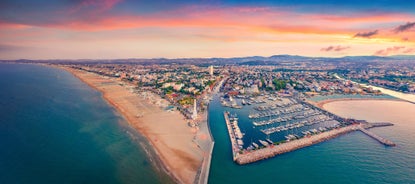 photo of an aerial view of Milano Marittima, Gabicce Mare and the Romagna coast with Cattolica, Riccione and Rimini in Italy.