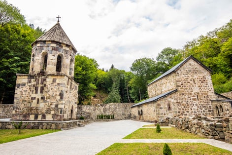 Photo of Mtsvane Monastery and bell tower near Batumi Georgia.