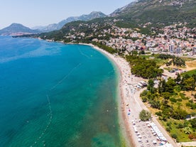 Photo of panoramic aerial view of old town of Budva, Montenegro.