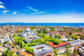 Touristic sightseeing ships in Golden Horn bay of Istanbul and mosque with Sultanahmet district against blue sky and clouds. Istanbul, Turkey during sunny summer day.