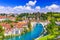 Bern, Switzerland. View of the old city center and Nydeggbrucke bridge over river Aare.