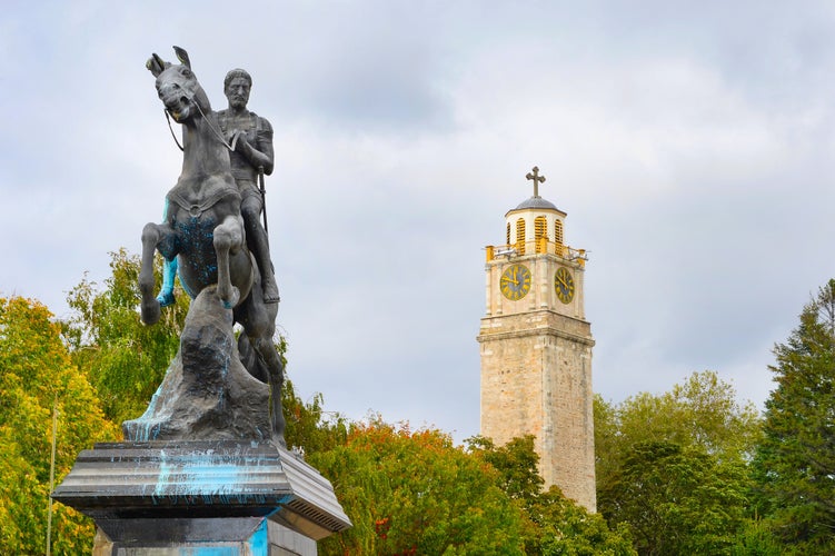 Photo of Statue of Philip of Macedonia and Clock Tower is the main landmarks of Bitola, Macedonia.