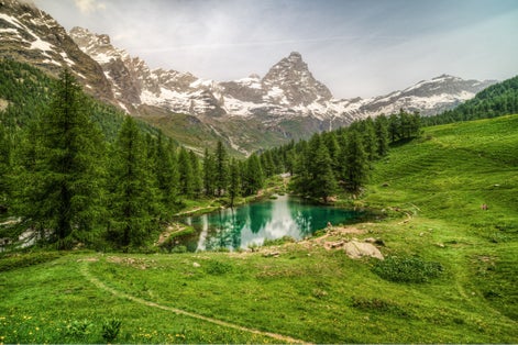 The scenic Blue Lake (Lago Blu) surrounded by a beautiful alpine landscape near Cervinia, Aosta Valley, Italy