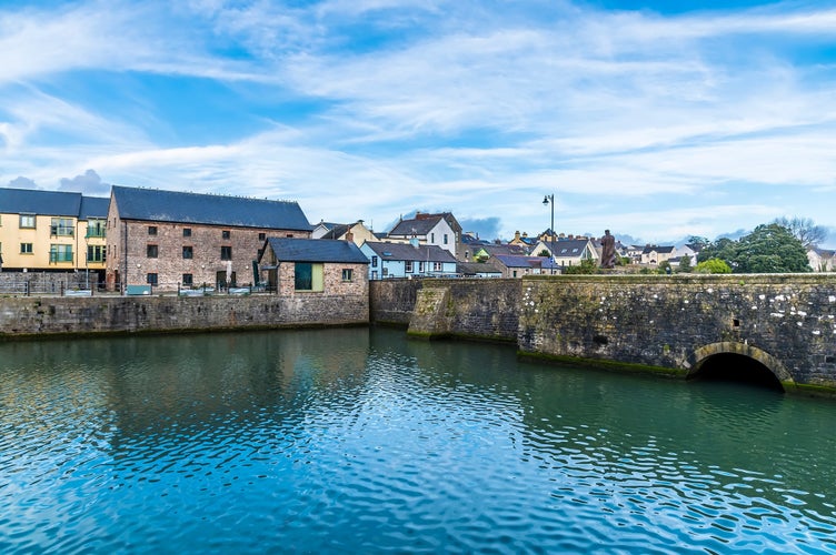 Photo of view from the castle towards the bridge over the River Cleddau at Pembroke, Wales.