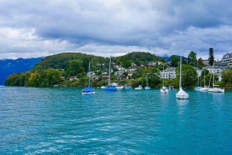 Photo of beautiful Spiez harbor at Lake Thun Switzerland.
