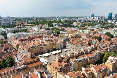 Photo of aerial view of Warsaw's Old Town Market Square, which was completely destroyed during the World War II and later restored to its prewar appearance, Poland.