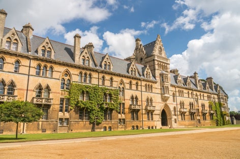Photo of exterior view of the famous Christ Church Cathedral at Oxford, United Kingdom.