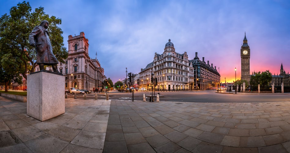 photo of panorama of Parliament Square and Queen Elizabeth Tower in Westminster, London, United Kingdom.