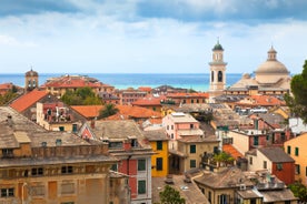 Photo of aerial view of Levanto or Levante, a beautiful fishing village in Liguria, Italy.