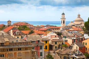 Photo of beautiful landscape of panoramic aerial view port of Genoa in a summer day, Italy.