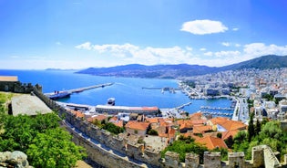 Photo of aerial view of village Palio coast, Kavala, Greece.