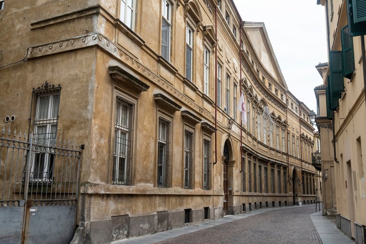 Photo of historic buildings along an old street, Casale Monferrato, Alessandria, Piedmont, Italy.