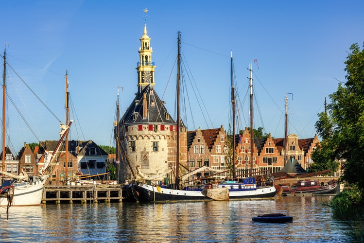 Historical Hoofdtoren tower in the harbor of Hoorn town, North Holland, Netherlands