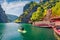 Tourist kayaking on the Matka Canyon. Picturesque morning scene of North Macedonia, Europe. Traveling concept background.