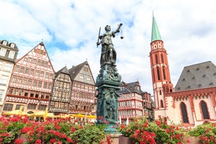 Photo of beautiful aerial view of Frankfurt at sunset Germany financial district skyline.