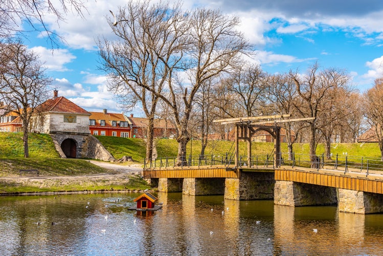 Wooden bridge leading to Fredrikstad town in Norway