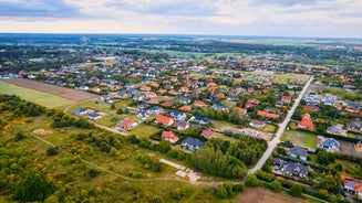 Photo of aerial view of church ST Maria Magdalena and the city of Chorzow, Poland.