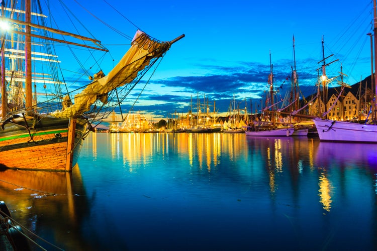 Photo of sailing ships in the harbour Bergen, Norway.