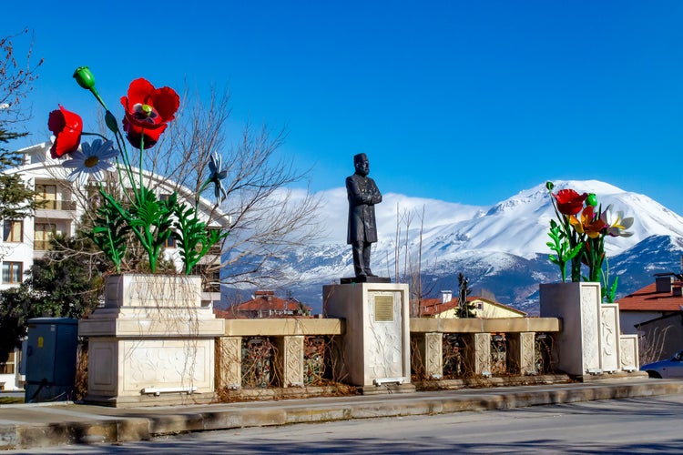 Photo of  beautiful bridge on the background of Davraz mountain in winter Isparta ,Turkey.