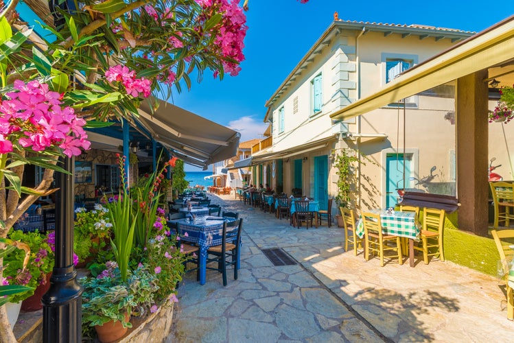 photo of view of Traditional restaurant and taverna in Agios Nikitas village, Lefkada, Greece.