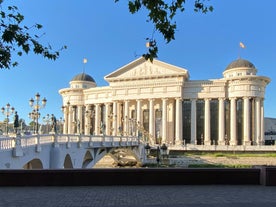 Panoramic view of Skopje town with Vodno hill in the background.