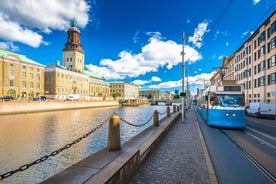 Photo of main place of Vimmerby with well and tourist office, Sweden.