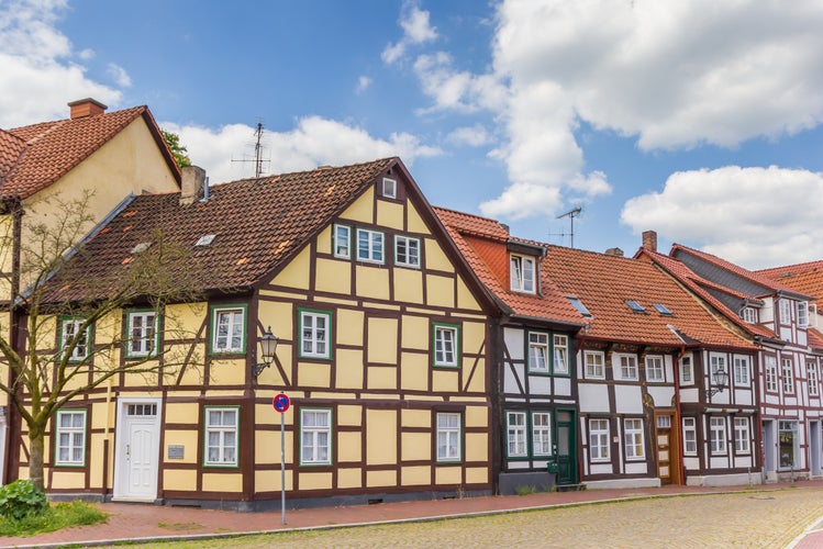 photo of view of Colorful half-timbered houses in the historic center of Hameln, Germany.