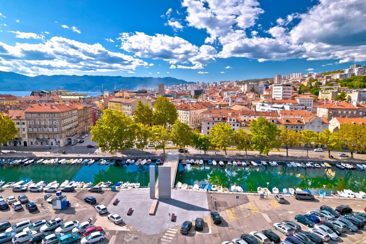 Photo of Rjecina river Delta and pedestrian bridge in Rijeka, Croatia.