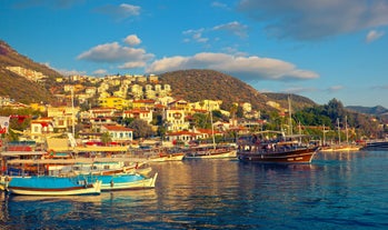 Photo of majestic panoramic aerial view of seaside resort city of Kas in Turkey.