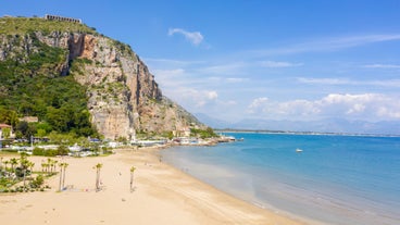 Photo of aerial view of beautiful coastal landscape with old town of Gaeta, Italy.