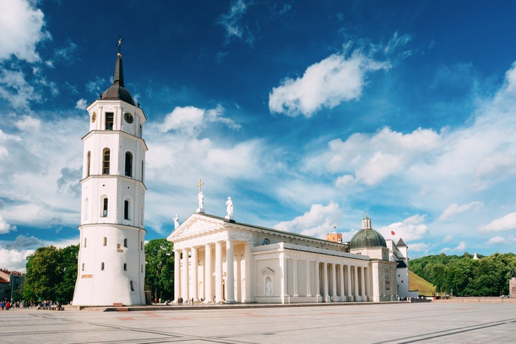 Photo of view of bell tower and facade of Cathedral Basilica Of St. Stanislaus And St. Vladislav On Cathedral Square, Vilnius, Lithuania.