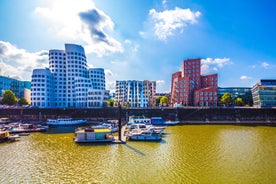 Photo of aerial view of the city ,Rheinturm and Media Harbour district in Dusseldorf city in Germany.