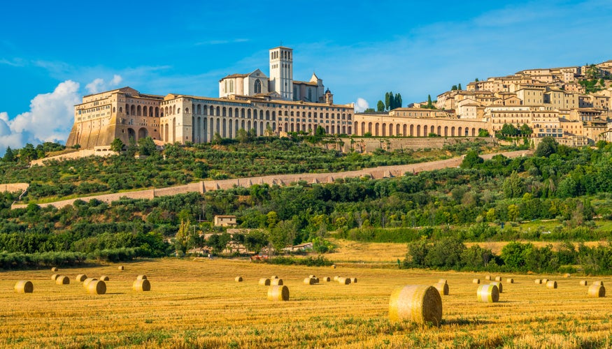 Photo of Panoramic view of the Saint Francis Basilica in Assisi, in the Province of Perugia, in the Umbria region of Italy.