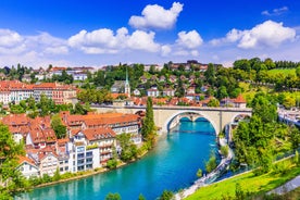 Panoramic view of historic Zurich city center with famous Fraumunster, Grossmunster and St. Peter and river Limmat at Lake Zurich on a sunny day with clouds in summer, Canton of Zurich, Switzerland