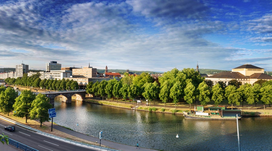 Photo of panoramic aerial view of city center with old bridge an theater, Saarbrücken, Saarland, Germany.